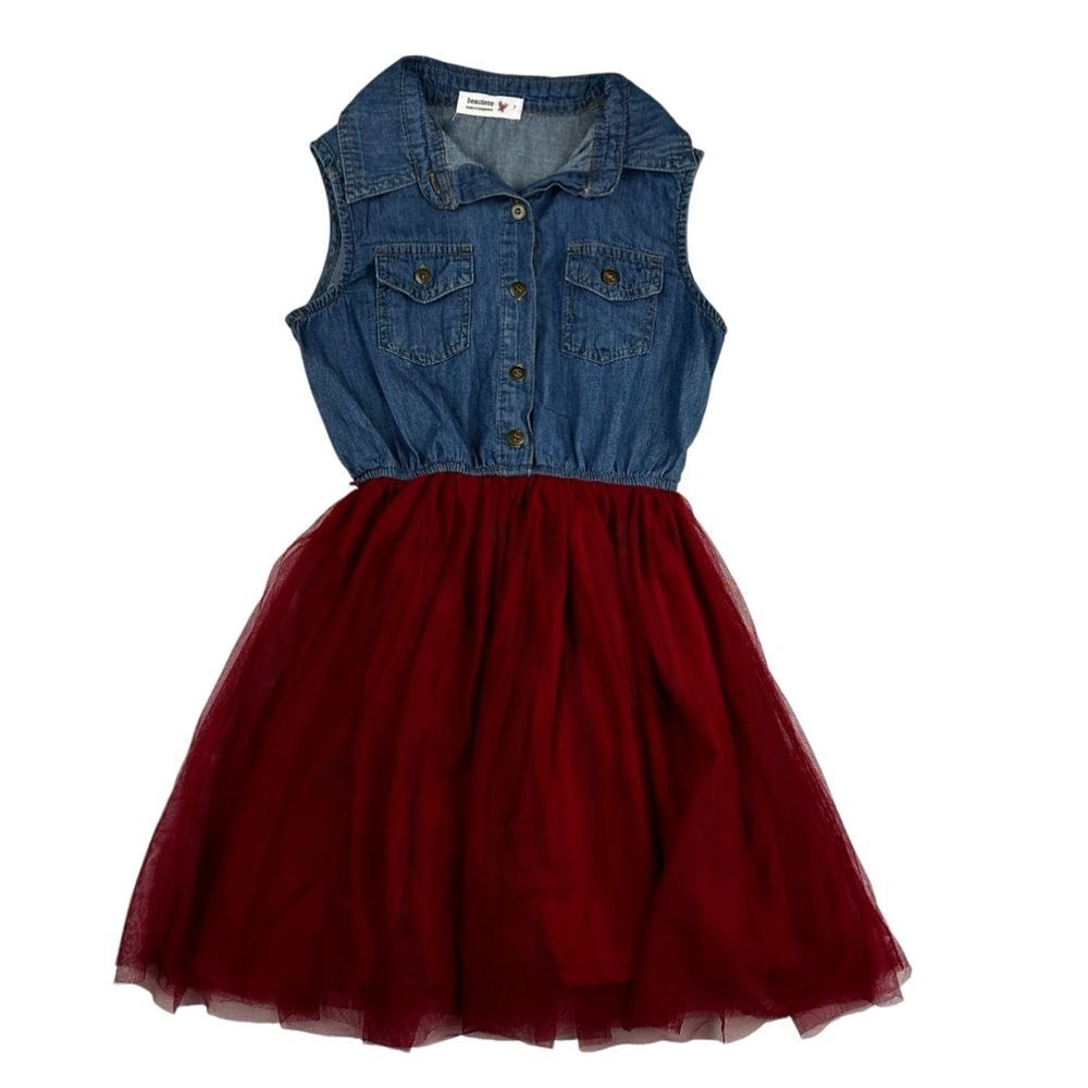 Beautees Red & Blue Denim Tule Layered Sleeveless Collard Dress Girls Sz 7